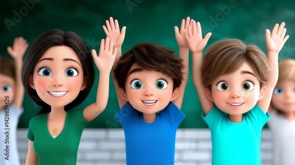 Obraz Three cheerful children in a classroom, smiling and raising their hands, eager to participate and learn.