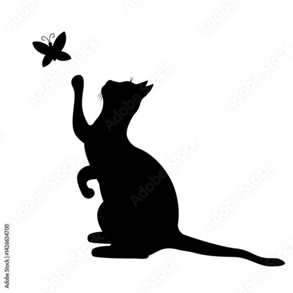 Obraz Black silhouette of a cat playing with a butterfly, isolated on a white background.Vector illustration of a pet.
