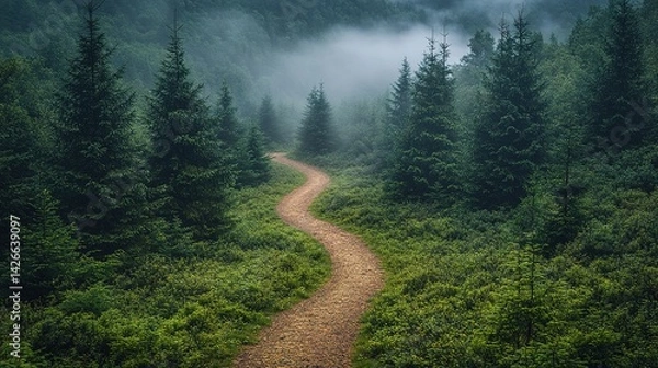 Fototapeta Misty Forest Path Winding Through Lush Green Trees