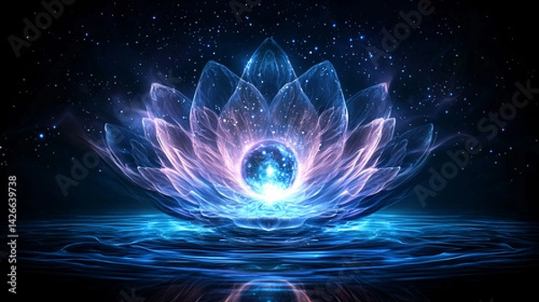 Fototapeta Enchanted Lotus Blossom Radiating Mystical Energy in a Starry Celestial Reflection