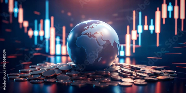 Fototapeta A striking representation of the complex world intertwined with finance and various investment metrics. An Earth globus lying on a pile of coins.