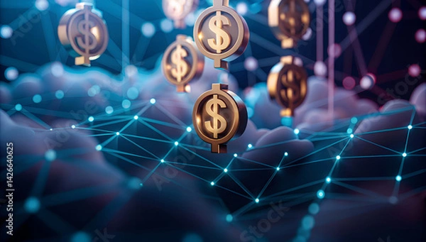 Fototapeta An artistic representation of dollar signs in a digital network, symbolizing finance and technology. Crypto currency in cloud space illustration.