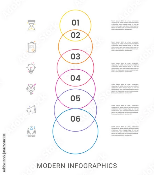 Fototapeta Vector line infographics with 6 circles. Business concept graphic process template with six steps. Graphic timeline for app, website, interface, chart, levels, web, diagram, banner, presentations