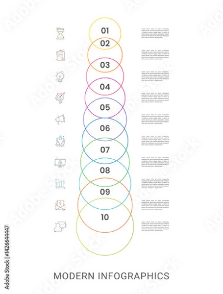 Obraz Vector line infographics with ten circles. Business concept graphic process template with 10 steps. Graphic timeline for app, website, interface, chart, levels, web, diagram, banner, presentations