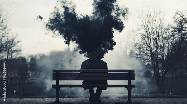 Fototapeta Surreal Bench Illustration with Person and Black Smoke Modern Mental Health and Burnout Concept