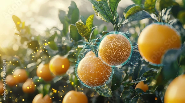 Fototapeta Futuristic oranges on trees with digital elements showcasing innovation and technology