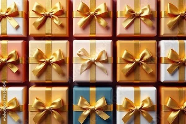 Fototapeta Elegant gold ribbon tied gift boxes, repeating pattern, ornate, joyful, happy