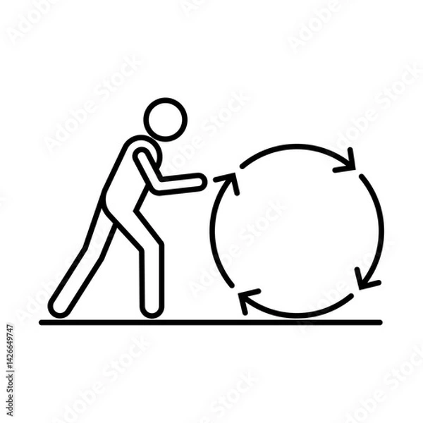 Fototapeta Symbol businessman pushing circle arrows, consistency icon, key to success it is effort, linear vector illustration, outline editable stroke.