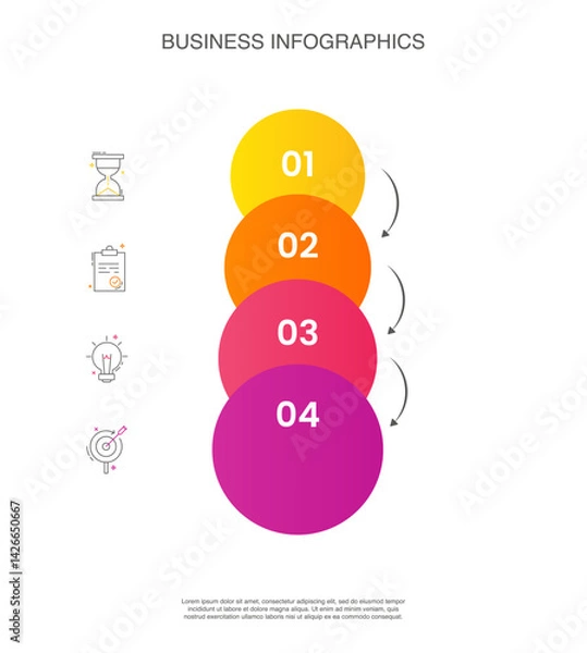 Obraz Business vector infographics with four circles and arrows. Timeline visualization with 4 steps for diagram, flowchart, banner, presentations, web, content, levels, chart, graphic