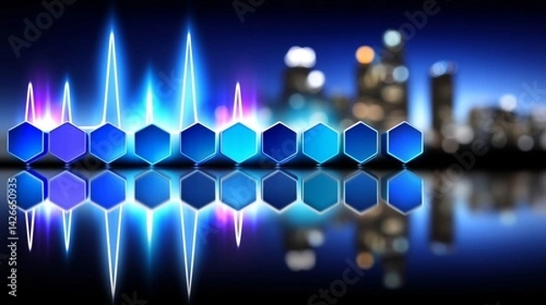 Fototapeta Abstract digital sound wave visualization with hexagonal shapes reflecting against a blurred city skyline.