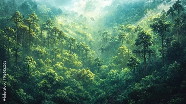 Fototapeta Lush Green Forest Landscape with Misty Sunlight and Dense Tree C