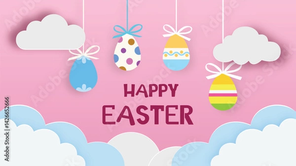 Fototapeta Happy Easter holiday greeting background with colorful eggs, clouds and decor elements