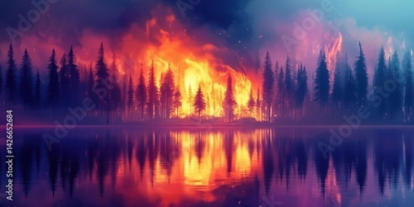 Fototapeta Forest fire raging at dusk with vibrant flames reflecting on calm lake