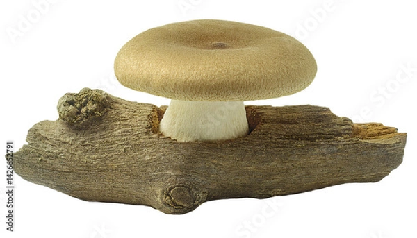 Fototapeta single soft brown mushroom growing on old tree wood log with natural texture on isolated background for organic forest nature and fungi concept
