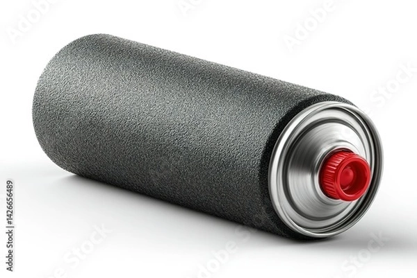 Fototapeta Texture spray can with a metallic finish and red nozzle placed against a white background revealing its design and usage