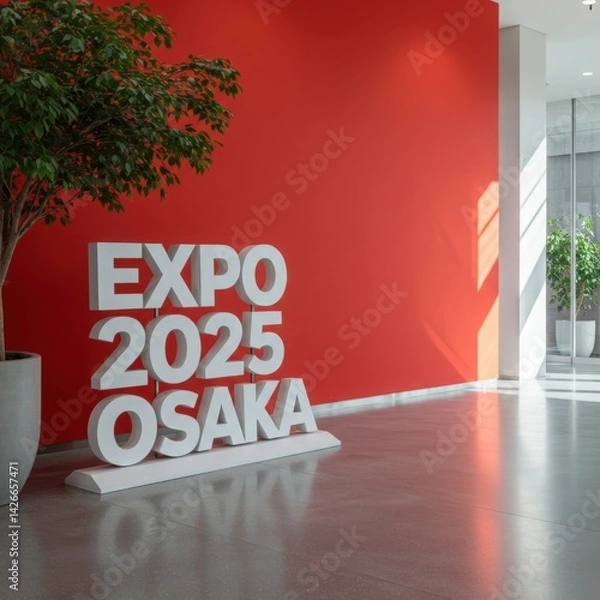 Fototapeta Dimensional White Expo 2025 Osaka Text on Smooth Red Wall Realistic Indoor Signage Close-Up with Natural Window Light