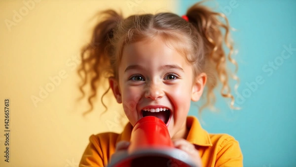 Obraz cute little child shouting through a megaphone	