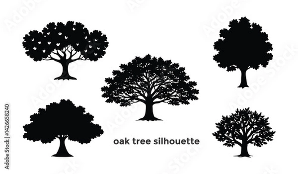 Fototapeta set of oak trees, oak tree with leaves silhouette vector.