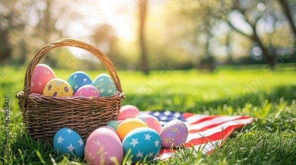 Fototapeta An Easter picnic with an American flag blanket on a sunny day in a park.