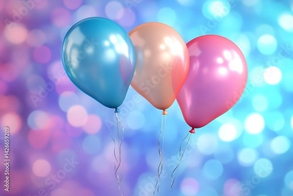 Fototapeta Colorful Balloons with Glitter on Pastel Bokeh Background, Fun Party Decoration