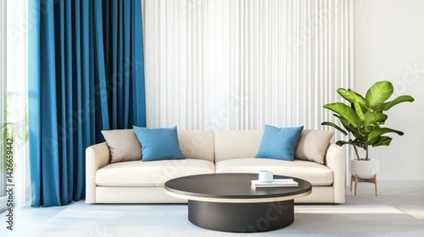 Fototapeta Full room interior, soft beige sofa, vibrant blue curtain and round table, no direct sunlight, neutral matte daylight, complete space in frame
