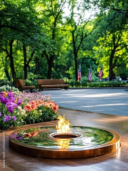 Fototapeta An eternal flame burns brightly at a veterans' memorial, surrounded by flowers and flags, symbolizing unending respect, sacrifice,