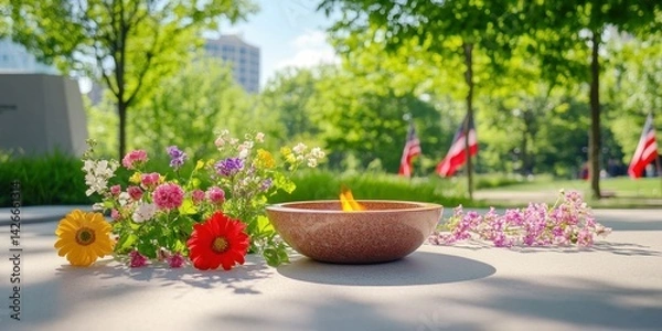 Fototapeta An eternal flame burns brightly at a veterans' memorial, surrounded by flowers and flags as a tribute