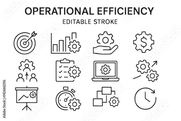 Fototapeta Operational Efficiency Icons: This image features a collection of sleek, editable stroke icons meticulously crafted to visually represent and convey core concepts of operational efficiency.