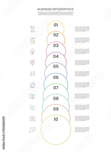 Fototapeta Vector timeline infographics template with ten circles and options. Blank space for web, infographic, diagram, business, digital network, flowchart, presentations