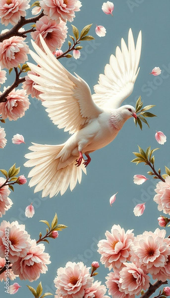 Fototapeta Dove soaring through cherry blossoms with olive branch