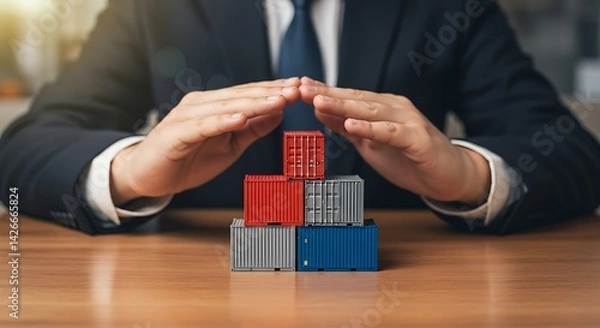 Fototapeta Person's hands hovering over stacked toy cargo containers on a table.