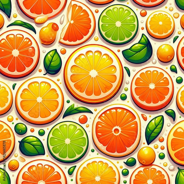 Fototapeta Illustrations of Seamless Citrus Pattern with Stylized Sliced Lemons, Oranges & Leaves