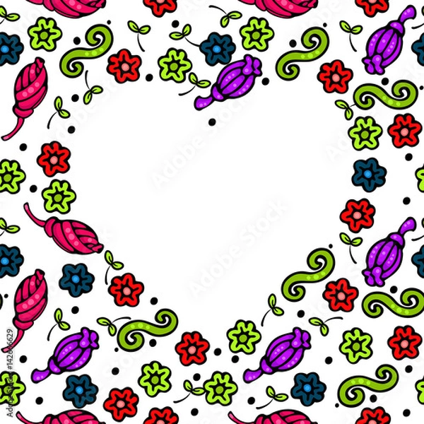 Obraz Поздравление. Сердечко на фоне. Мелкие детали фона. Цветы и бутоны. Ваш текст. Вектор.