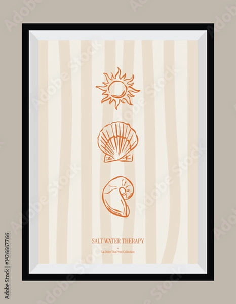 Fototapeta La Dolce Vita illustrations with an aesthetic quote in a poster frame. Ocean and beach sketch style doodles.