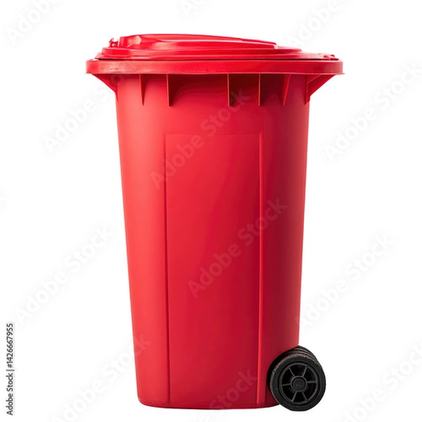 Fototapeta Red Wheeled Plastic Trash Can Isolated on Transparent Background