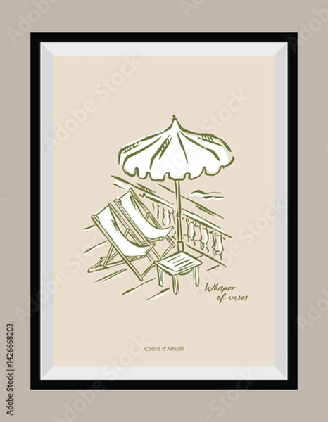 Fototapeta La Dolce Vita illustrations with an aesthetic quote in a poster frame. Ocean and beach sketch style doodles.