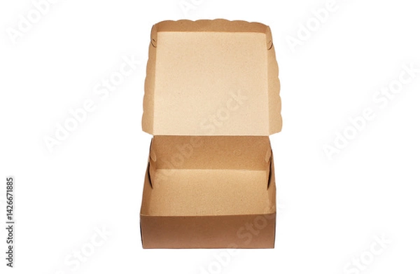 Obraz Open Kraft Paper Food Box for Burger, Snack, Fast Food, Disposable Eco-Friendly Takeaway Packaging, Brown Cardboard Container Isolated on Clean White Background with Studio Lighting