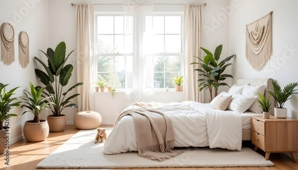Fototapeta The bedroom features a large window allowing natural light to fill the space, complementing the neutral color scheme of whites, beige, and soft grays