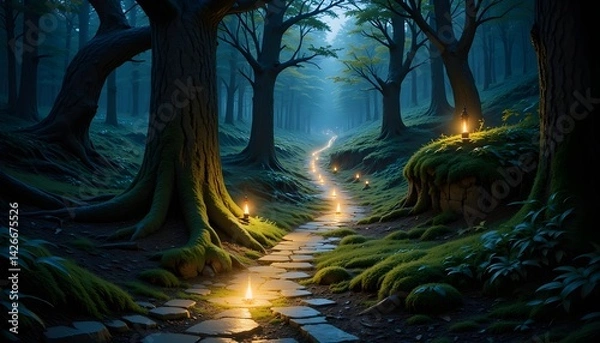 Fototapeta The glowing path winds its way through the dense woodland, casting a soft, ethereal light that guides travelers with its gentle glow