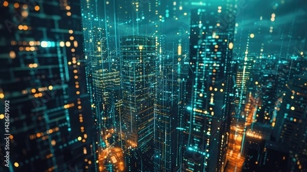 Obraz A futuristic city skyline with stocks flying high above, showcasing economic growth ,A vibrant depiction of a future city bathed in blue and teal light with a digital grid overlay symbolizing