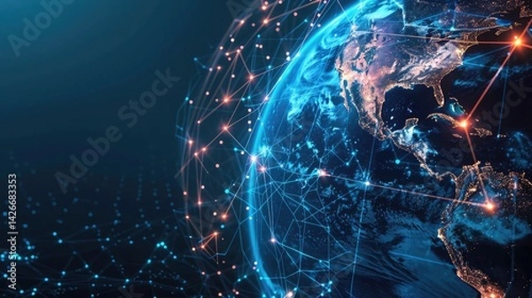 Obraz Planet Earth Aglow Global Network of Bright Blue Hexagon Gridlines Connecting Luminous Spheres ,Global Network Connections, A Futuristic View of Interconnectivity With Glowing Nodes And Lines