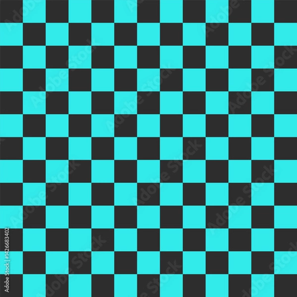 Fototapeta Seamless black and turquoise chess checkered grid pattern in Memphis style. Geometric vector design for backgrounds and wallpapers. Minimal aesthetics with flag elements and modern hipster appeal