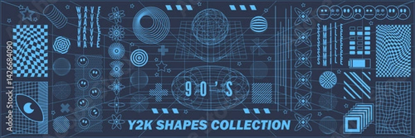 Fototapeta Abstract geometry hud wireframe shapes and patterns, cyberpunk elements, icon s and perspective grid s. Surreal geometric signs. Rave psychedelic futuristic Y2k acid aesthetic set. Vector illustration