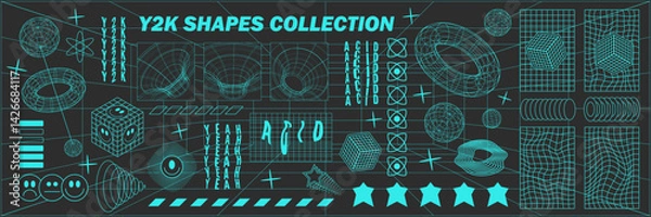Fototapeta Abstract geometry hud wireframe shapes and patterns, cyberpunk elements, icon s and perspective grid s. Surreal geometric signs. Rave psychedelic futuristic Y2k acid aesthetic set. Vector illustration