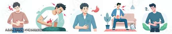 Fototapeta flat design vector collection of a young man with stomachache