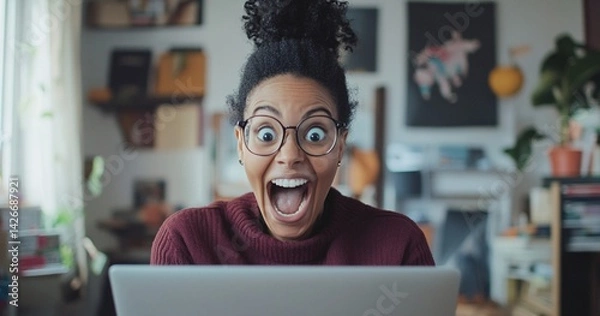 Fototapeta An Afro-American girl at the computer with a shocked expression because she won a prize.