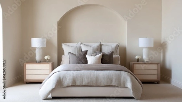 Fototapeta minimalist bedroom full view, arched wall niche, milk cocoa bedding, cream wall, smooth nightstands, soft diffused lighting