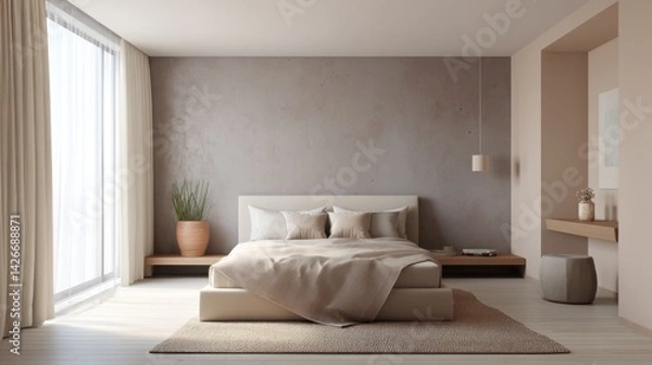 Fototapeta minimalist bedroom full view, wavy headboard, dusty clay accent wall, low bed, soft beige linen, warm ambient light, clean cozy textures