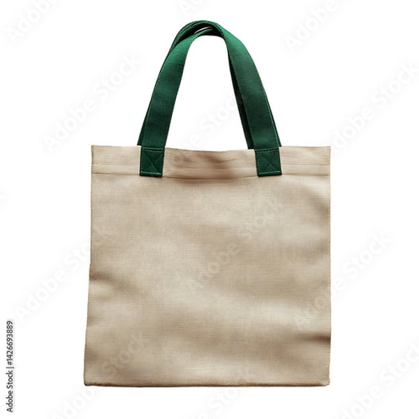 Fototapeta A top view mockup of a recycled tote bag, with green handles, plain background