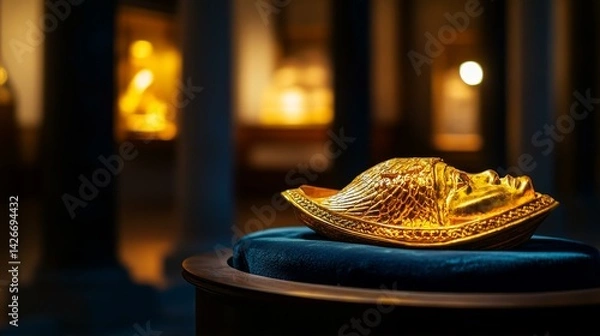 Obraz Ancient golden artifact on velvet, bathed in soft light, with marble columns behind; a timeless glimpse into cultural heritage.